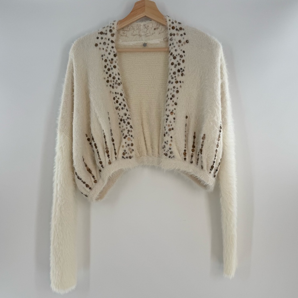 Anthropologie Knitted & Knotted Soiree Open Sweater White Gold Sequin Medium